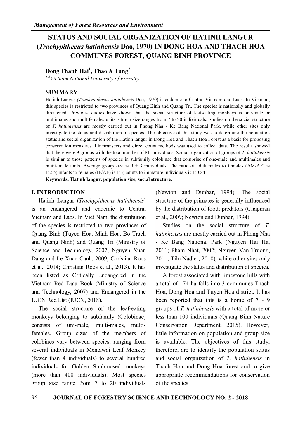 STATUS and SOCIAL ORGANIZATION of HATINH LANGUR (Trachypithecus Hatinhensis Dao, 1970) in DONG HOA and THACH HOA COMMUNES FOREST, QUANG BINH PROVINCE