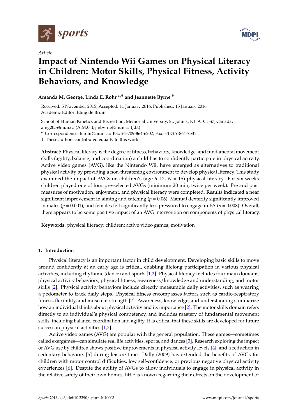 Impact of Nintendo Wii Games on Physical Literacy in Children: Motor Skills, Physical Fitness, Activity Behaviors, and Knowledge