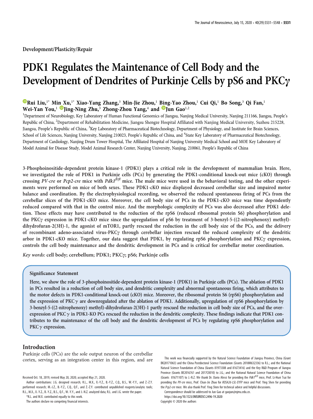PDK1 Regulates the Maintenance of Cell Body and the Development of Dendrites of Purkinje Cells by Ps6 and Pkcc