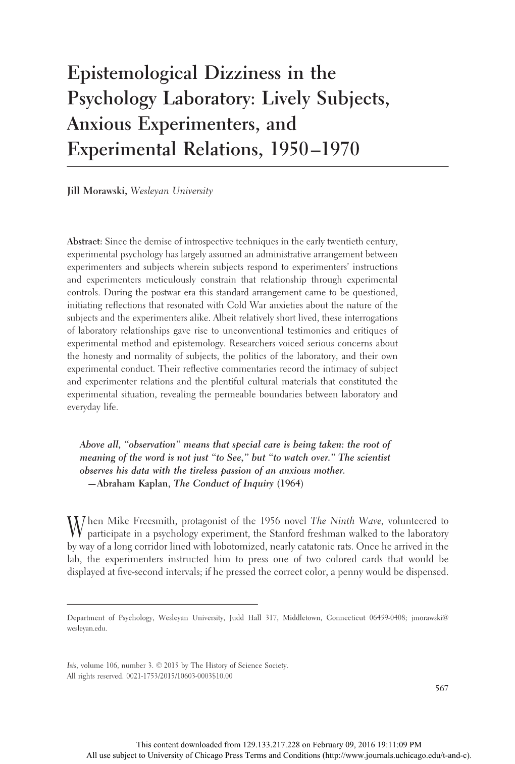 Epistemological Dizziness in the Psychology Laboratory: Lively Subjects, Anxious Experimenters, and Experimental Relations, 1950–1970