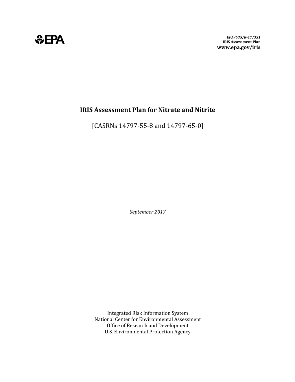 IRIS Assessment Plan for Nitrate and Nitrite