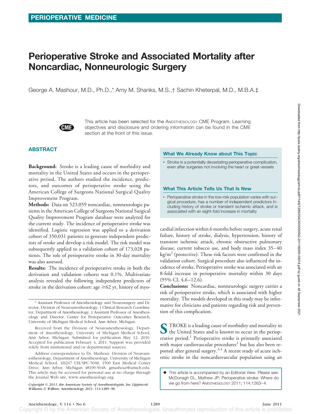 Perioperative Stroke and Associated Mortality After Noncardiac, Nonneurologic Surgery