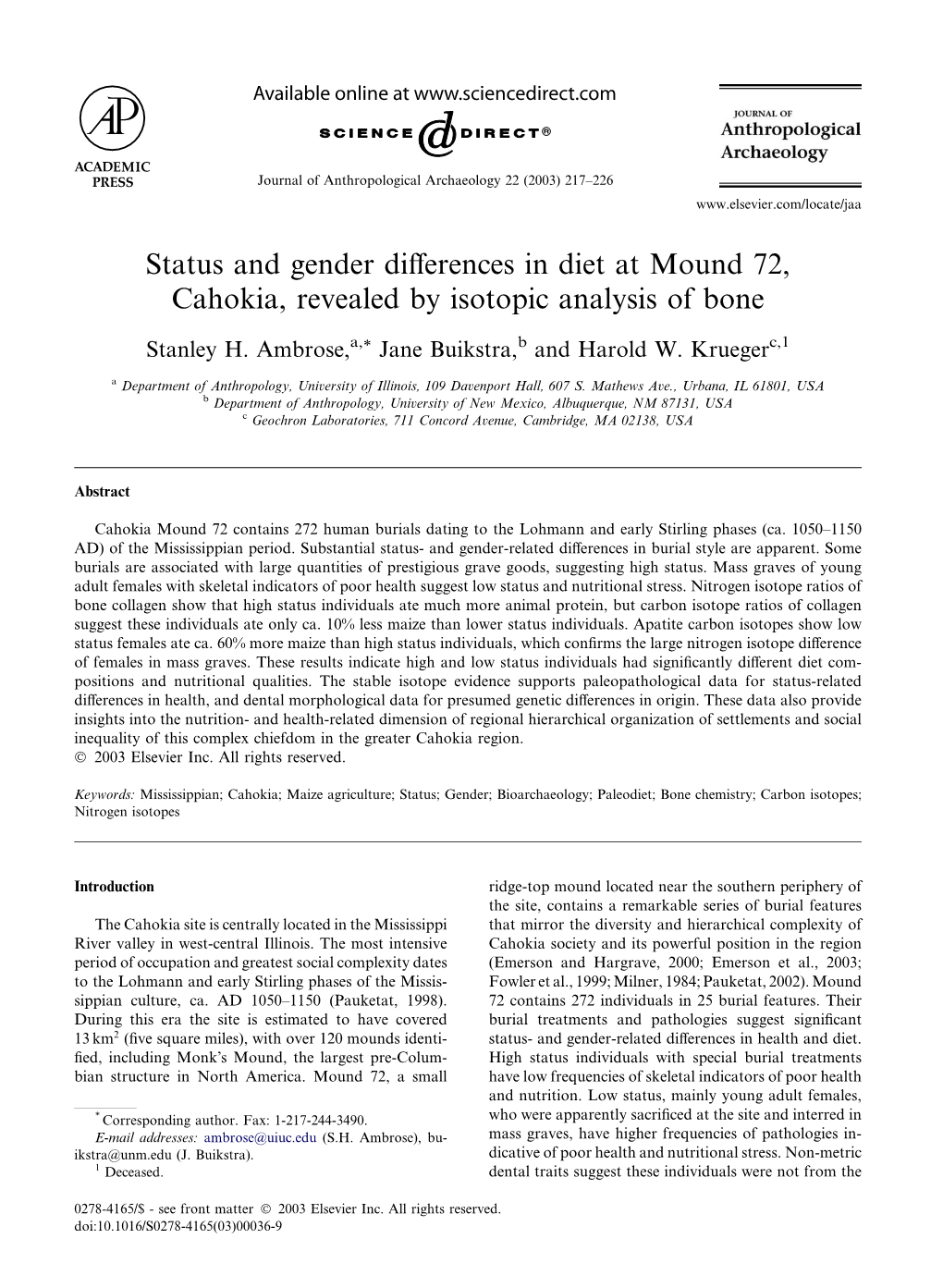 Status and Gender Differences in Diet at Mound 72, Cahokia, Revealed By