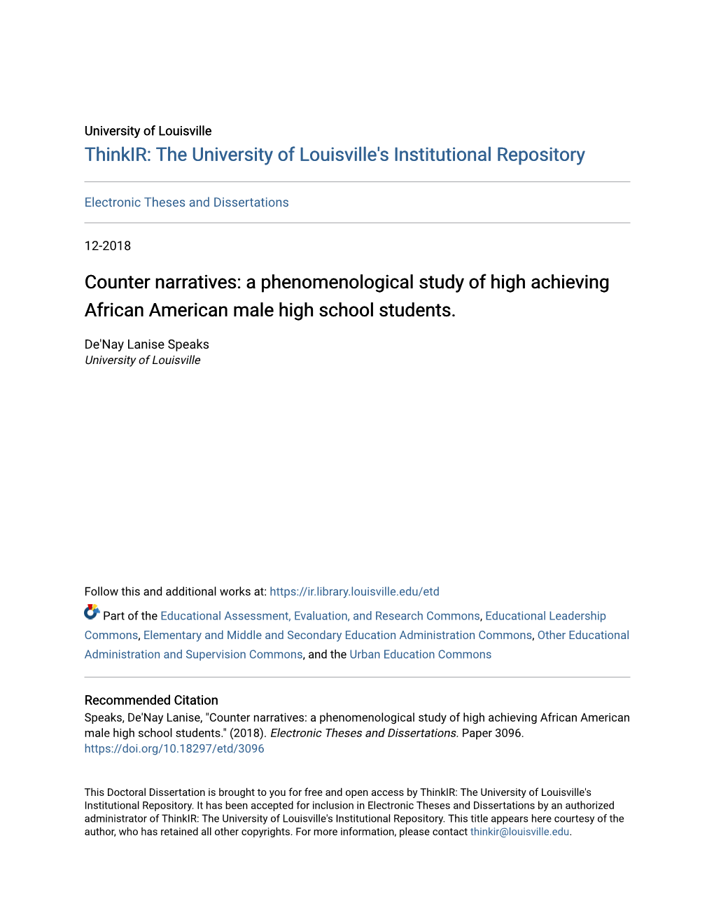 Counter Narratives: a Phenomenological Study of High Achieving African American Male High School Students