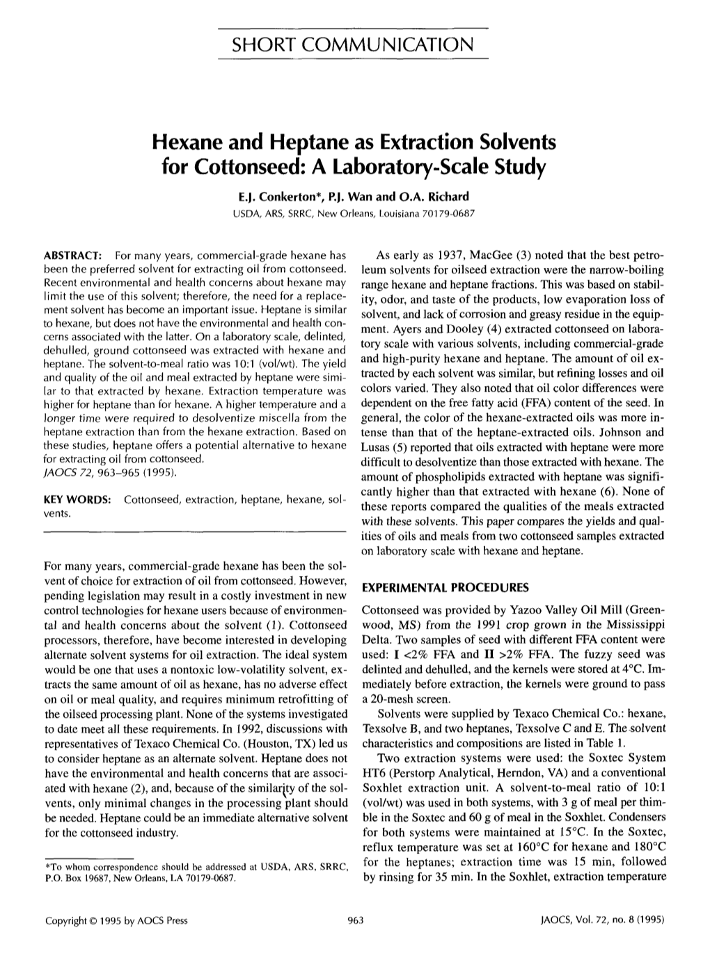 Hexane and Heptane As Extraction Solvents for Cottonseed: a Laboratory-Scale Study