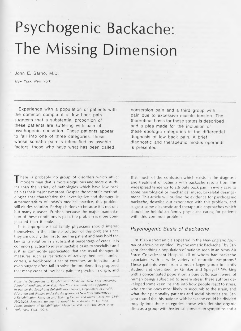 Psychogenic Backache: the Missing Dimension