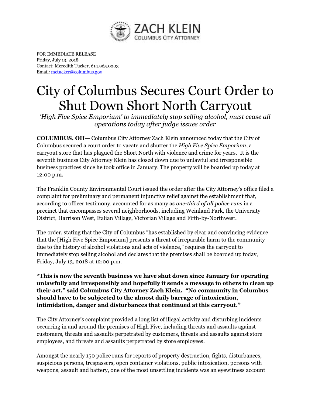 City of Columbus Secures Court Order to Shut Down Short North Carryout