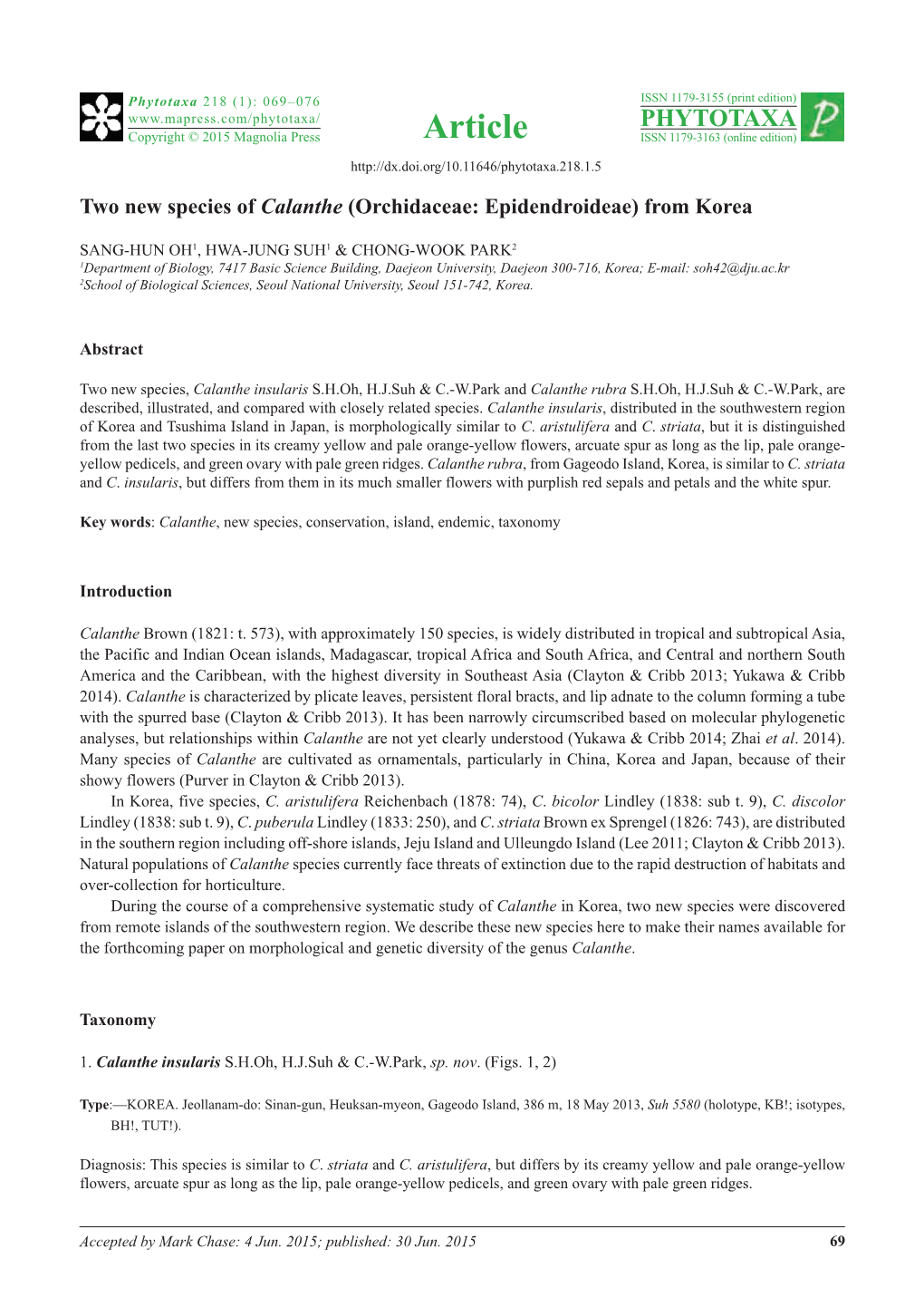 Two New Species of Calanthe (Orchidaceae: Epidendroideae) from Korea