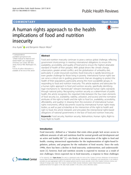 A Human Rights Approach to the Health Implications of Food and Nutrition Insecurity Ana Ayala1* and Benjamin Mason Meier2