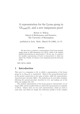 A Representation for the Lyons Group in GL2480(4), and a New Uniqueness Proof