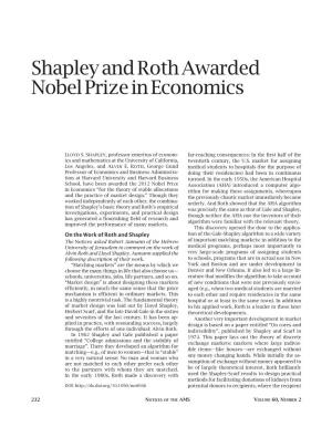 Shapley and Roth Awarded Nobel Prize in Economics