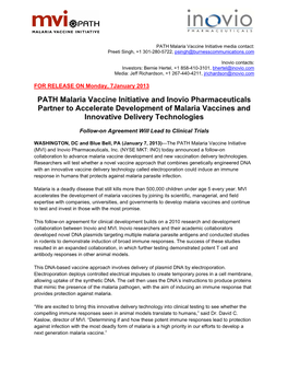 PATH Malaria Vaccine Initiative and Inovio Pharmaceuticals Partner to Accelerate Development of Malaria Vaccines and Innovative Delivery Technologies