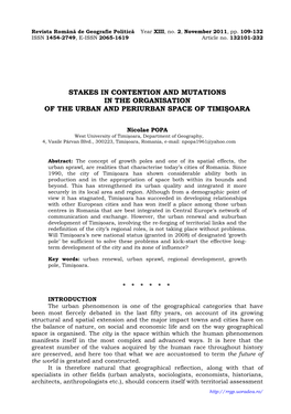 Stakes in Contention and Mutations in the Organisation of the Urban and Periurban Space of Timişoara