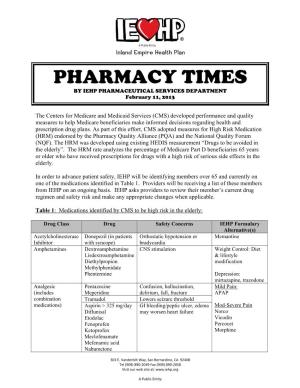 PHARMACY TIMES by IEHP PHARMACEUTICAL SERVICES DEPARTMENT February 11, 2013