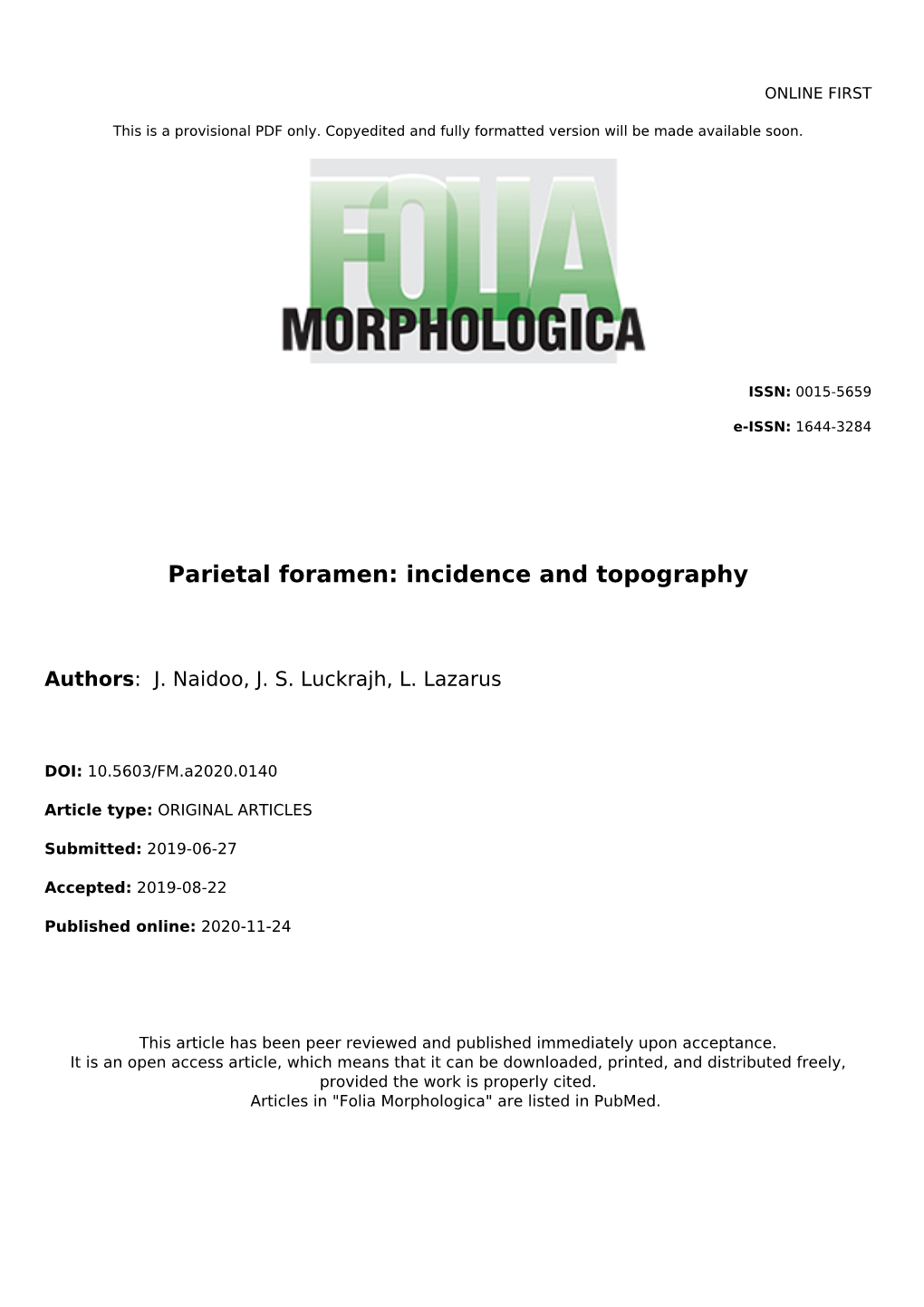 Parietal Foramen: Incidence and Topography