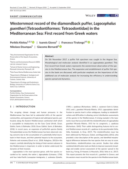 Westernmost Record of the Diamondback Puffer, Lagocephalus Guentheri (Tetraodontiformes: Tetraodontidae) in the Mediterranean Sea: First Record from Greek Waters