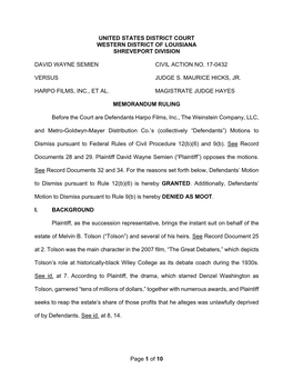 Page 1 of 10 UNITED STATES DISTRICT COURT WESTERN DISTRICT of LOUISIANA SHREVEPORT DIVISION DAVID WAYNE SEMIEN CIVIL ACTION