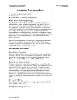 Coso Valley Groundwater Basin Bulletin 118