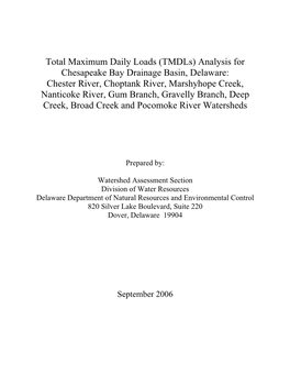 (Tmdls) Analysis for Chesapeake Bay Drainage Basin, Delaware