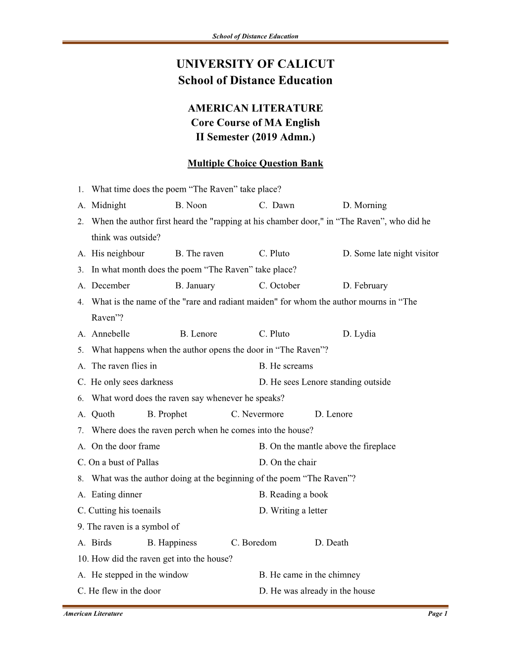 Calicut University M.A (English) Question Papers 2019