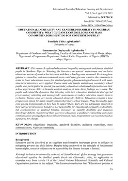 Educational Inequality and Gendered Disability in Nigerian Community: What Guidance Counsellors and Mass Communicators Must Do for Concerned Pupils?