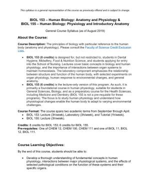 BIOL 153 – Human Biology: Anatomy and Physiology & BIOL