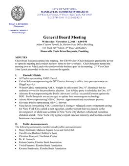 General Board Meeting Wednesday, November 2, 2016 – 6:00 PM Adam Clayton Powell, Jr