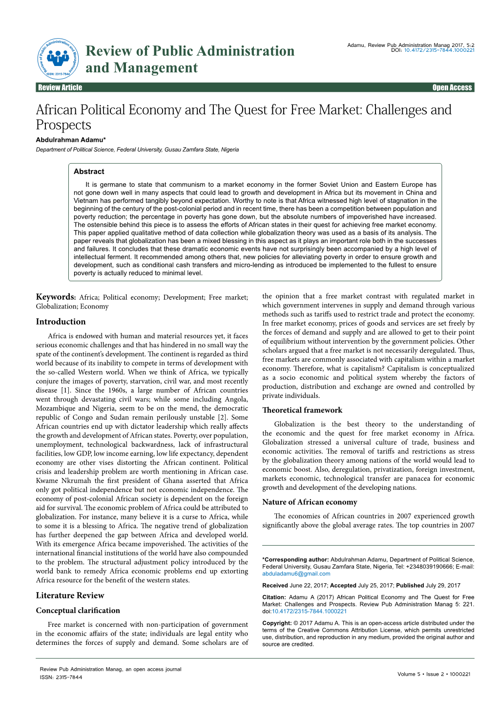 African Political Economy and the Quest for Free Market: Challenges and Prospects