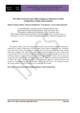 The Effect of Assertiveness Skills Training on Reduction of Verbal Victimization of High School Students