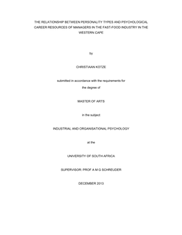 The Relationship Between Personality Types and Psychological Career Resources of Managers in the Fast-Food Industry in the Western Cape