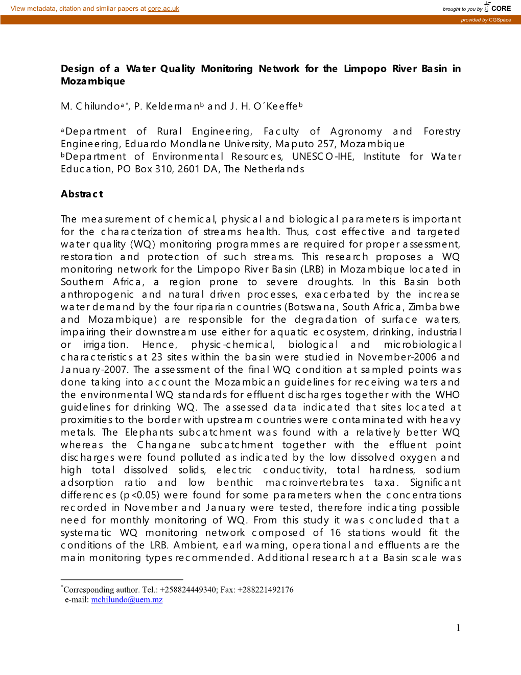 Design of a Water Quality Monitoring Network for the Limpopo River Basin in Mozambique