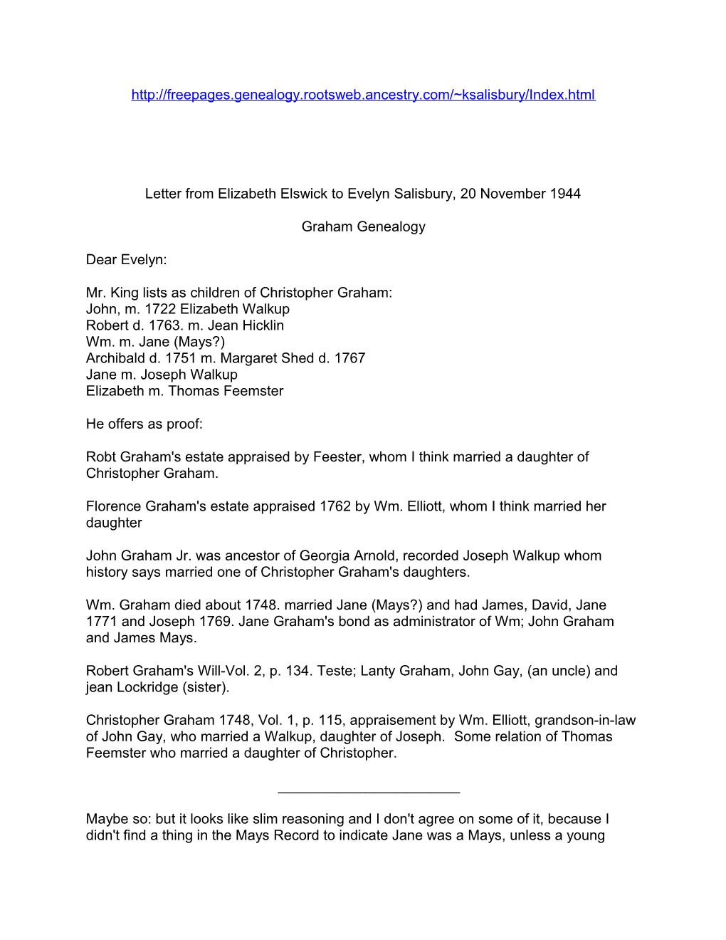 Letter from Elizabeth Elswick to Evelyn Salisbury, 20 November 1944