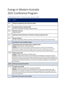 Energy in Western Australia 2021 Conference Program CONFERENCE DAY 1: Wednesday, 28 July 2021 Time Session