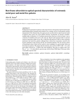 Rest-Frame Ultraviolet-To-Optical Spectral Characteristics of Extremely Metal-Poor and Metal-Free Galaxies � Akio K