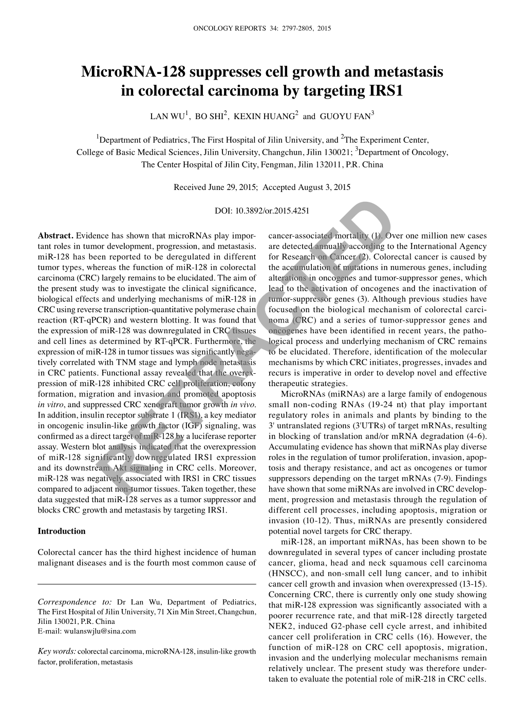 Microrna-128 Suppresses Cell Growth and Metastasis in Colorectal Carcinoma by Targeting IRS1