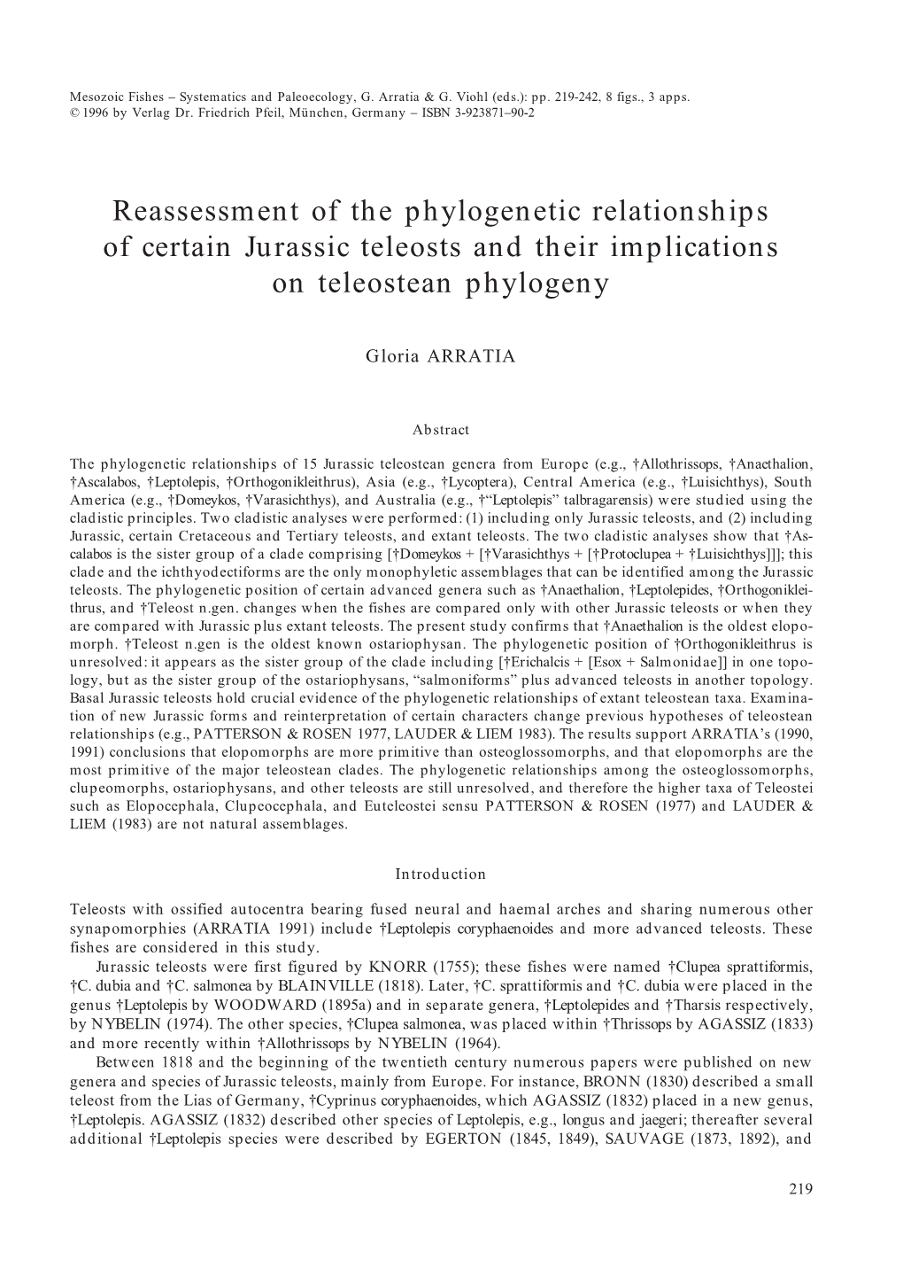 Reassessment of the Phylogenetic Relationships of Certain Jurassic Teleosts and Their Implications on Teleostean Phylogeny