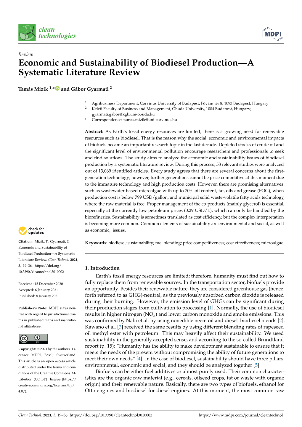 Economic and Sustainability of Biodiesel Production—A Systematic Literature Review