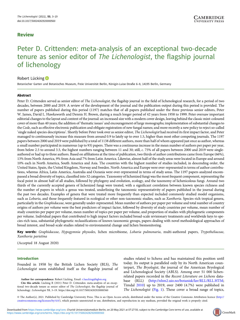 Peter D. Crittenden: Meta-Analysis of an Exceptional Two-Decade Tenure As Senior Editor of the Lichenologist, the Flagship Journal of Lichenology