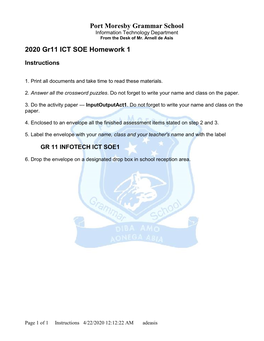 Port Moresby Grammar School 2020 Gr11 ICT SOE Homework 1