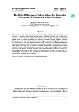 The Role of Ramadan Fasting Values for Character Education of Elementary School Students