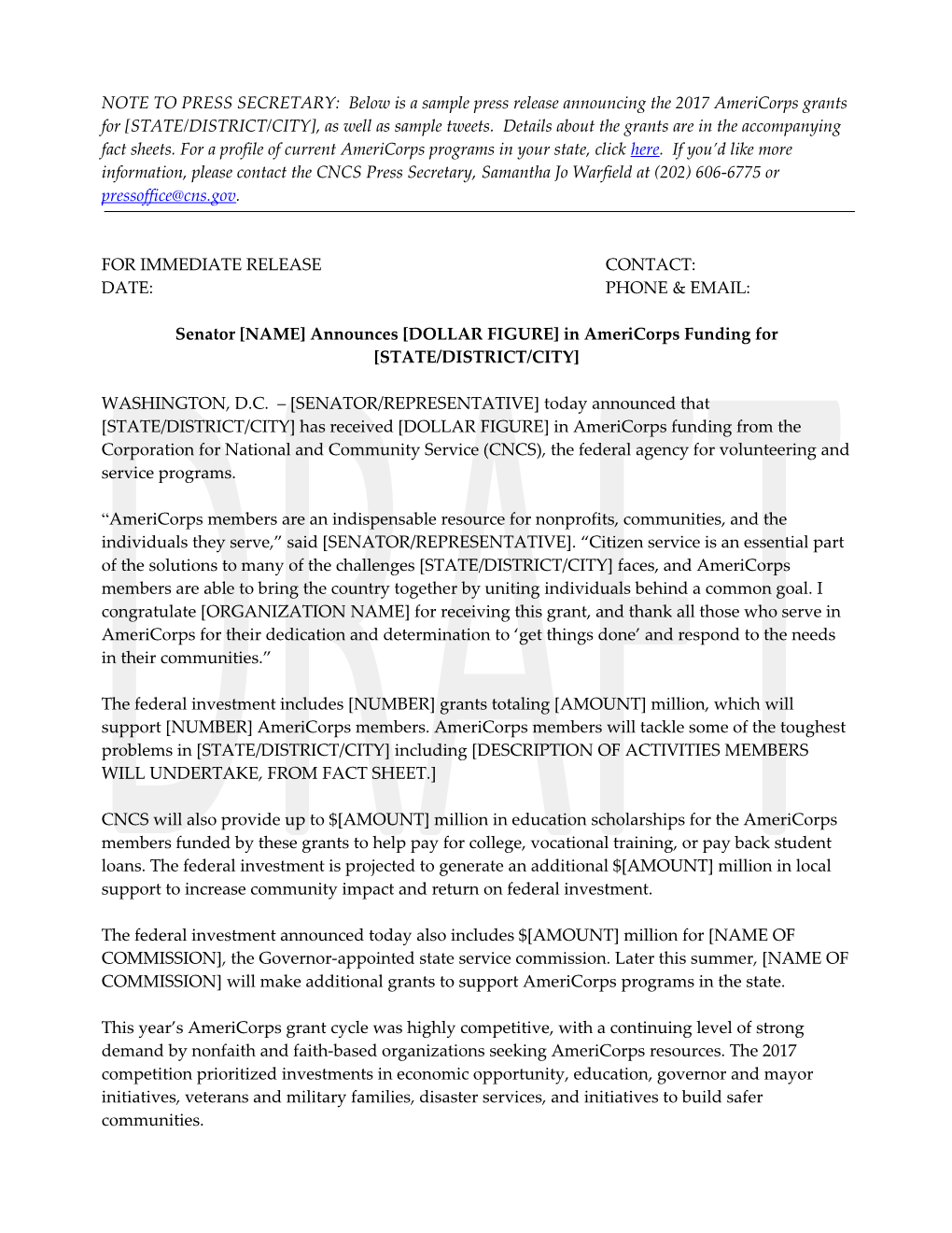 NOTE to PRESS SECRETARY: Below Is a Sample Press Release Announcing a Fiscal 2009 Americorps