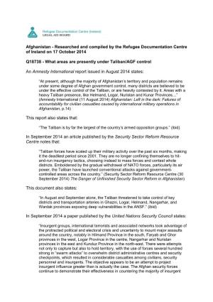 Afghanistan - Researched and Compiled by the Refugee Documentation Centre of Ireland on 17 October 2014
