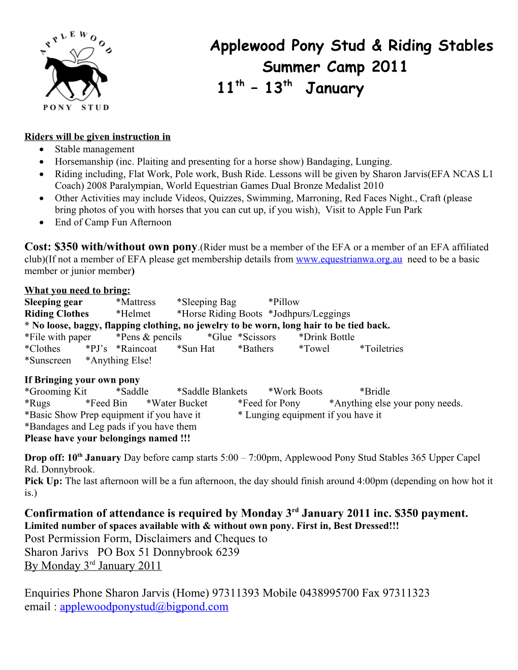 Applewood Pony Stud & Riding Stables 5 Day Summer Camp