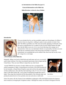 An Introduction to the Shiba Inu (Part 1) General Information on the Shiba Inu Shiba Brochure Written by Jacey Holden Introducti