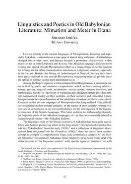 Linguistics and Poetics in Old Babylonian Literature: Mimation and Meter in Etana SHLOMO IZRE’EL Tel Aviv University
