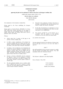 COMMISSION DECISION of 2 May 2005 Approving the Plan for The