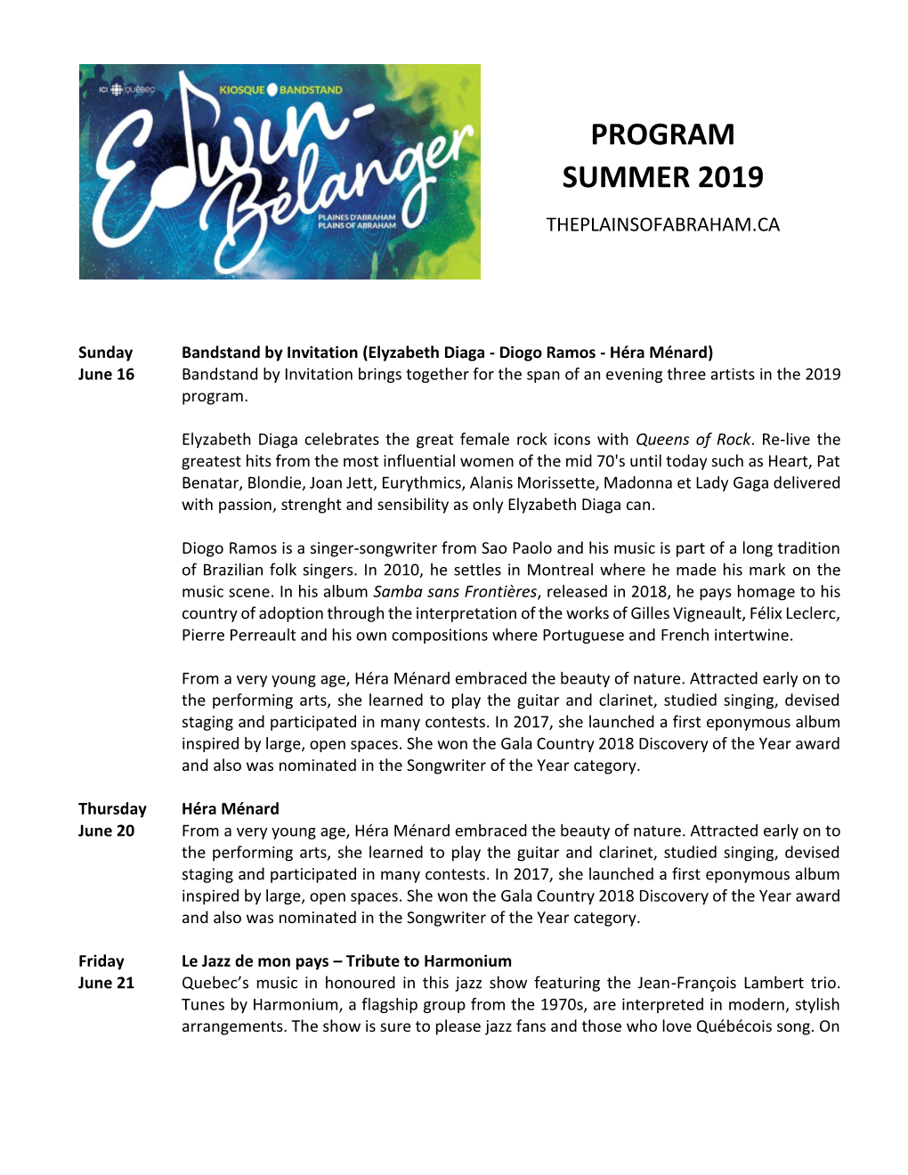 Program Summer 2019 Theplainsofabraham.Ca