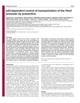 P53-Dependent Control of Transactivation of the Pen2 Promoter by Presenilins