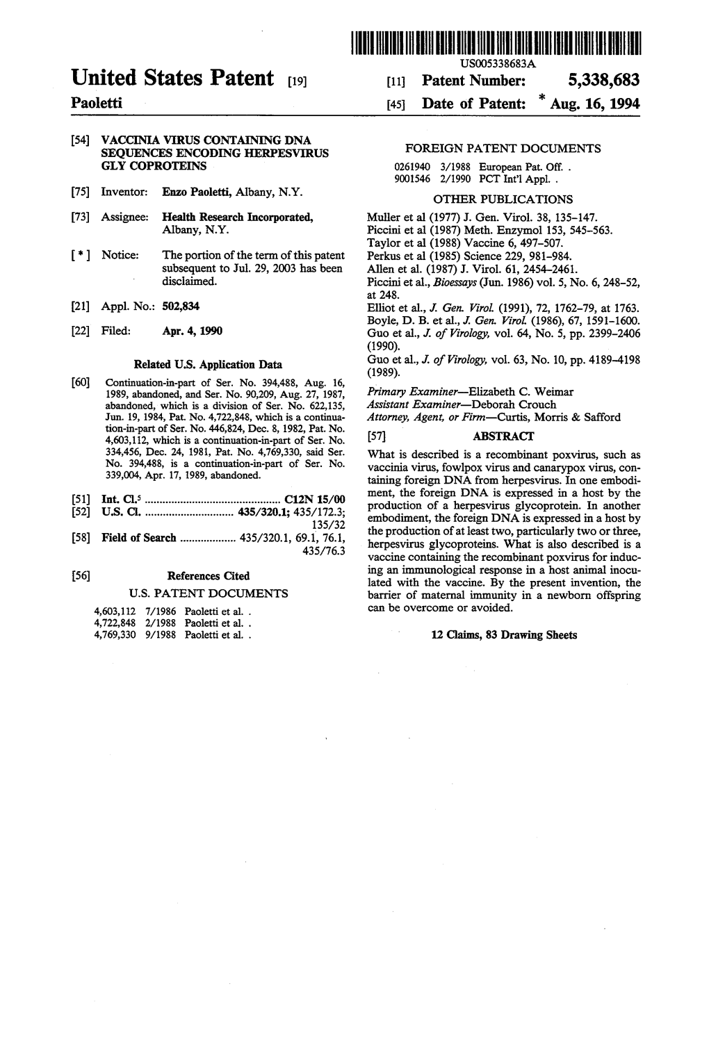 United States Patent (19) 11 Patent Number: 5,338,683 Paoletti (45) Date of Patent: "Aug