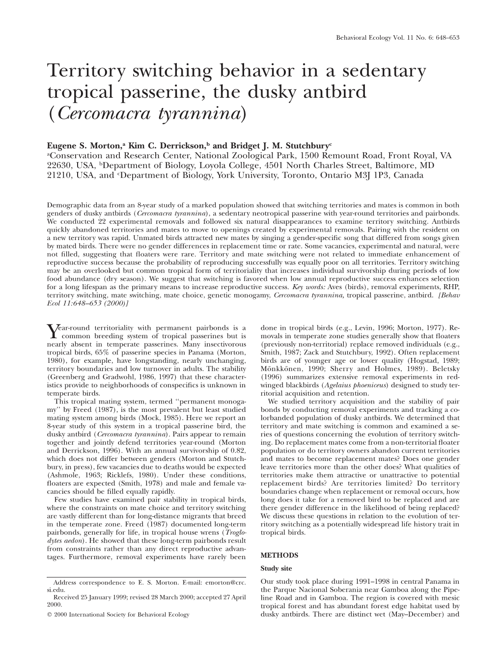 Territory Switching Behavior in a Sedentary Tropical Passerine, the Dusky Antbird (Cercomacra Tyrannina)